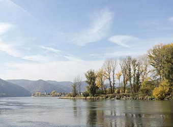 Ruhige Flusslandschaft mit Bäumen und Bergen im Hintergrund unter klarem Himmel